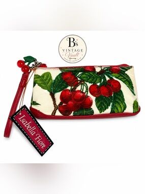 Vintage Isabella Fiore Cherry Embroidery Wristlet | Red Leather Trim